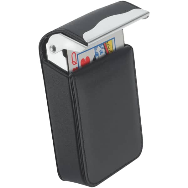 A sleek black travel pack of cards with a metallic clip, displaying playing cards inside.