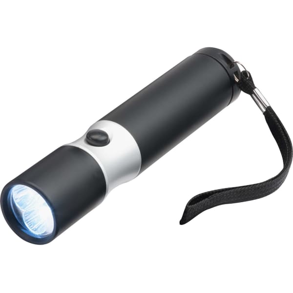 A black and silver LED torch with a wrist strap, featuring a single button near the front.