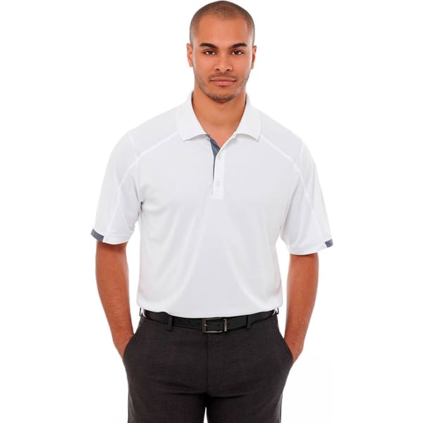 A white short sleeve polo shirt for men, featuring a subtle logo and contrasting details.