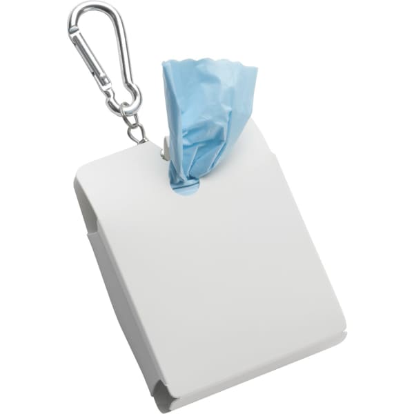 A white toiletry bag with a blue liner and a metal carabiner clip, designed for carrying waste bags.