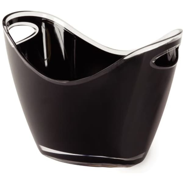 A black ice bucket with a sleek design and transparent accents, featuring two handles for easy carrying.