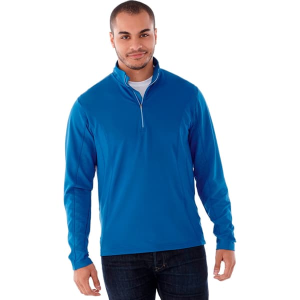 A men's quarter zip jacket in vibrant blue, featuring long sleeves and a subtle logo.