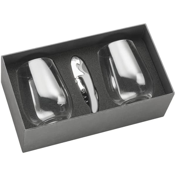A wine glass set featuring two clear glasses and a silver corkscrew, all packaged in a grey box.