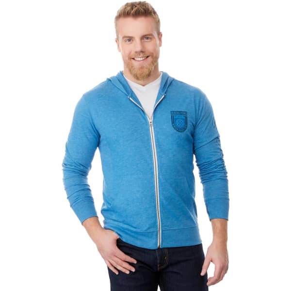 A blue men's full zip hoodie with a logo, featuring a comfortable fit and a hood.