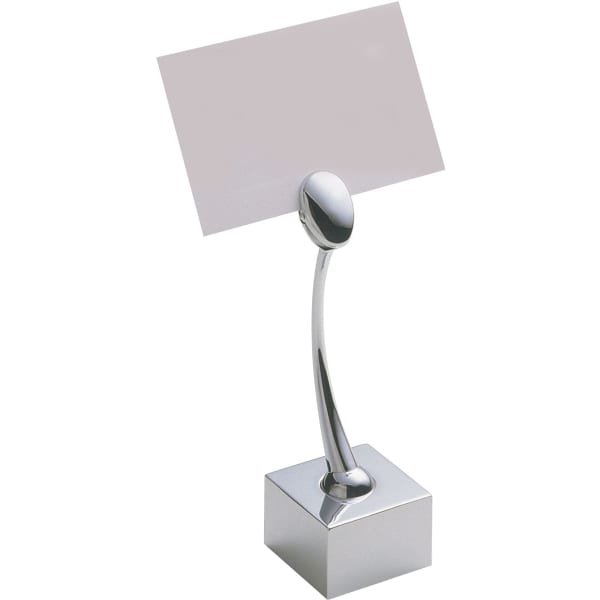 A sleek silver note holder clip with a curved design, featuring a square base for stability.