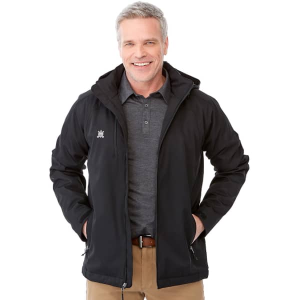 A men's Bryce Insulated Softshell Jacket in black, featuring a hood and a logo, worn by a smiling man.