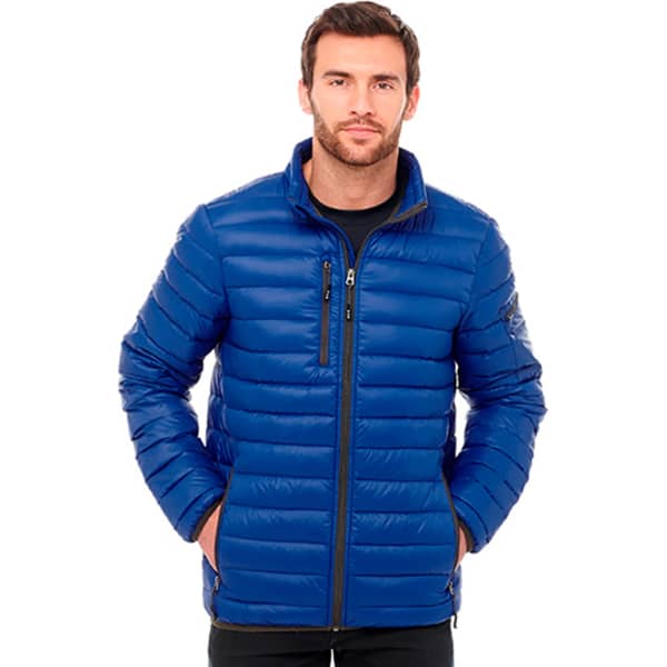 A blue puffer jacket with a zip front and a logo on the sleeve, designed for men.