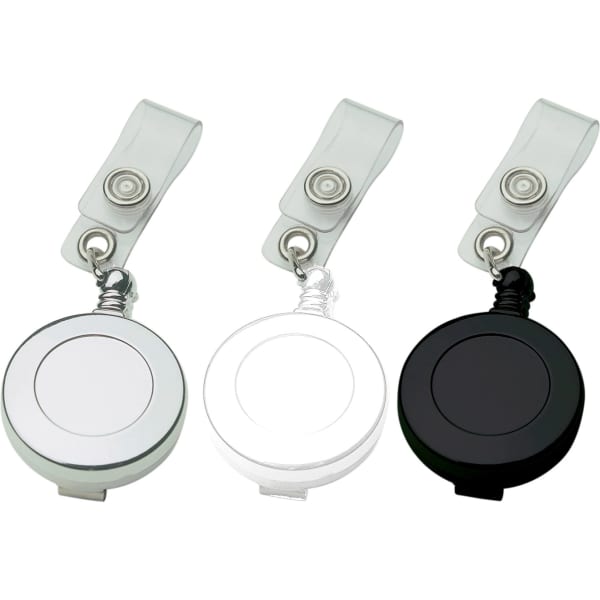 A set of three badge holders in silver, white, and black, featuring retractable reels and clips for secure attachment.