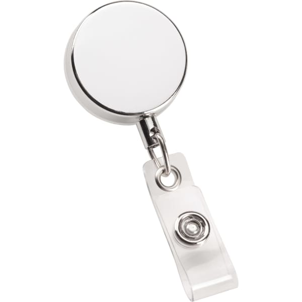 A shiny silver metal zip pull badge reel with a clip for attachment.
