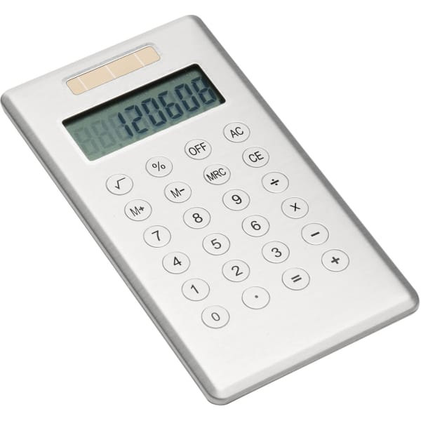 A slimline silver pocket calculator featuring a digital display and button keypad. It includes various function keys.