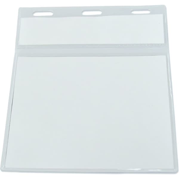 A clear, double-pocket name badge holder in a rectangular shape with three holes at the top for attachment.