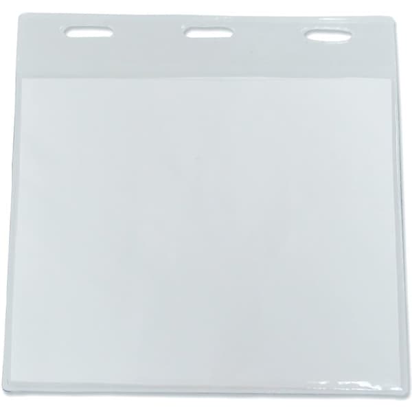 A clear plastic badge holder with three slots at the top for attachment.
