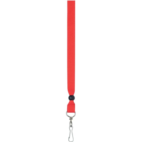 A red ribbon lanyard with a black safety breakaway and a metal clip at the end.