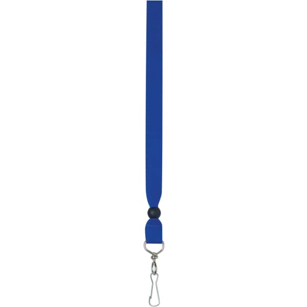 A royal blue ribbon lanyard with a metal clip and black plastic connector. Suitable for events and exhibitions.