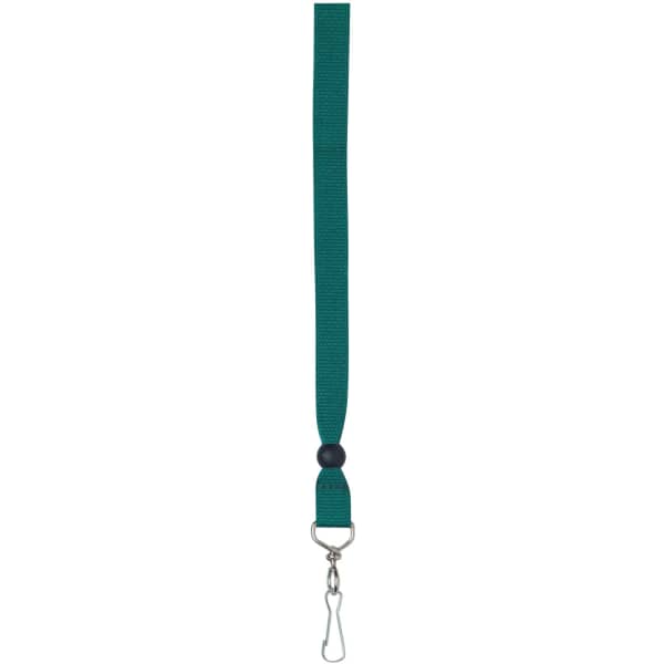 A green ribbon lanyard featuring a plastic bead and a metal clip for attachment.