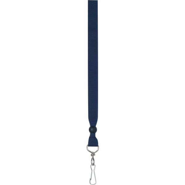 A navy ribbon lanyard with a clip and a round neck piece, designed for holding identification or badges.