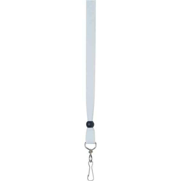 A white ribbon lanyard with a black bead and a metal clip for attachment.