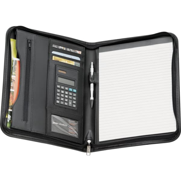 A black portfolio with a calculator, pen, notepad, and slots for cards and documents. It features a zippered pocket.