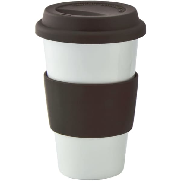 A ceramic coffee mug in white with a brown silicone lid and sleeve. Features branding on the lid.