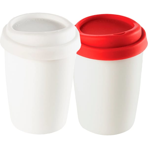 A ceramic mug set featuring a white mug and a red-lidded mug, both with lids and rounded designs.