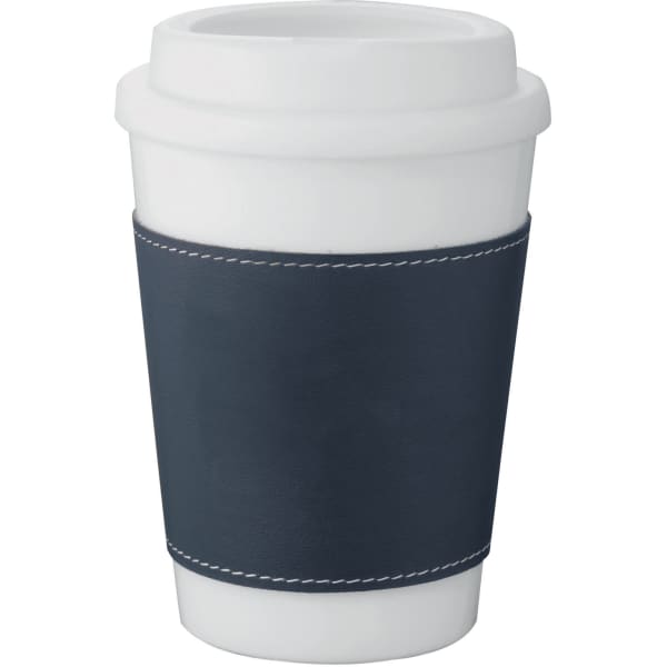 A drink bottle with a white body and a blue sleeve, featuring a logo. Ideal for keeping beverages warm.