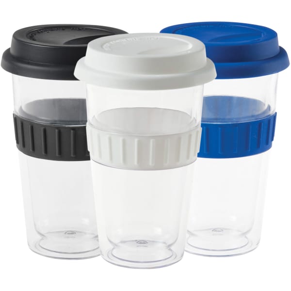 A drink mug set featuring three plastic double-walled mugs in black, white, and blue, each with a matching lid and a grip band.