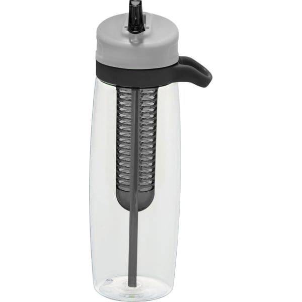 A drink bottle in black and clear, featuring a built-in infuser and a grey lid with a straw.