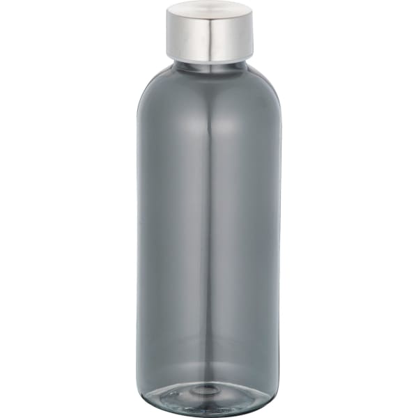 A drink bottle in grey with a silver lid, featuring a simple design and a visible logo.