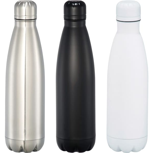 A drink bottle trio featuring a silver, black, and white vacuum insulated design, each with a screw-on lid and logo.