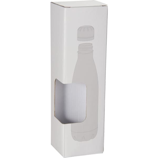 A white craft gift box with a cut-out section, designed for a drink bottle, featuring a simple logo.