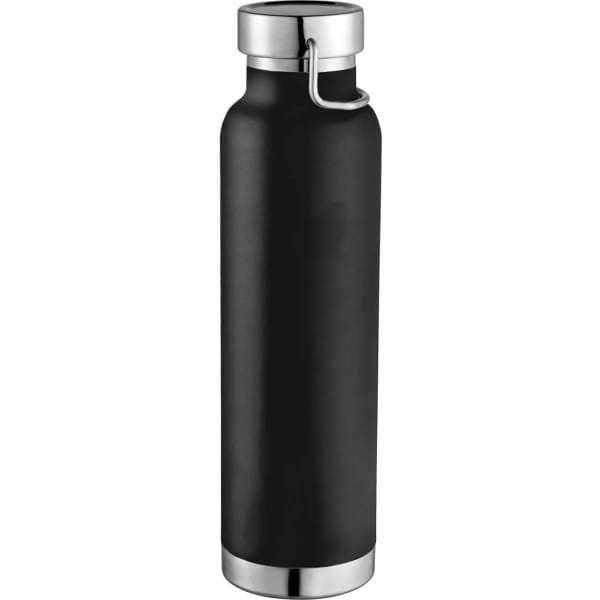 A drink bottle in matte black with a stainless steel lid, featuring a metal loop for easy carrying.
