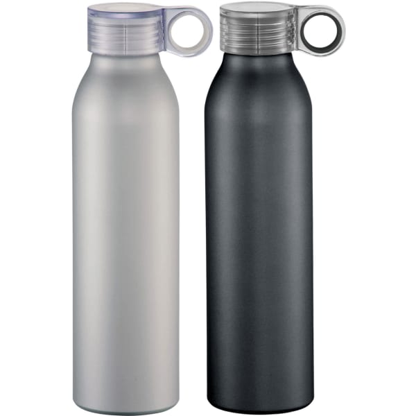 A drink bottle featuring a matte silver and matte black finish, with a clear loop cap and a logo.