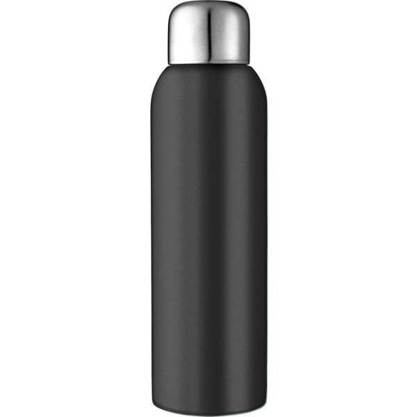 A drink bottle in black stainless steel with a silver cap, featuring a logo on the surface.