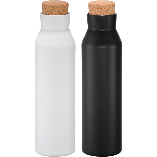 A drink bottle set featuring a matte white and a matte black vacuum insulated design with cork lids.