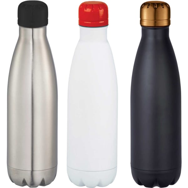 A drink bottle trio featuring stainless steel, white, and black finishes with various coloured caps. Each bottle has a logo.