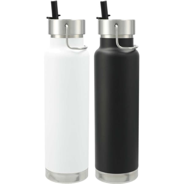 A drink bottle set featuring a white and a black vacuum bottle with straws and metallic accents. Each bottle has a logo.