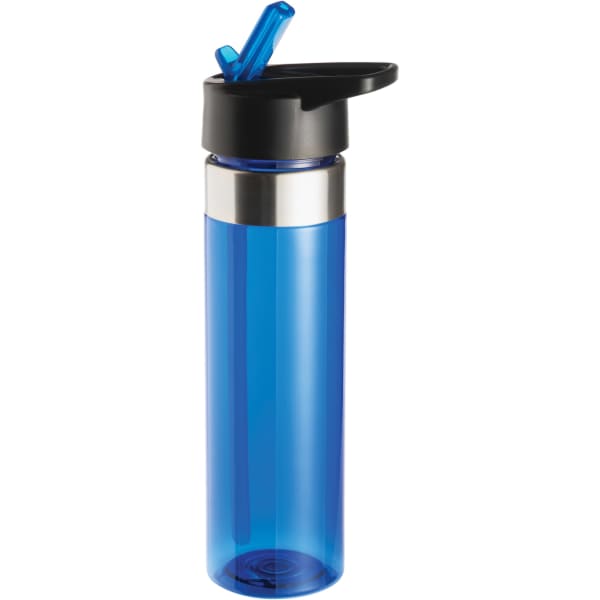 A blue drink bottle with a black lid and a stainless steel band, featuring a flip-top spout for easy access.