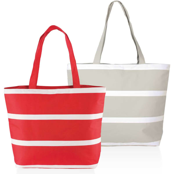 Three insulated cooler bags in red, navy, and grey, featuring horizontal white stripes and sturdy handles.