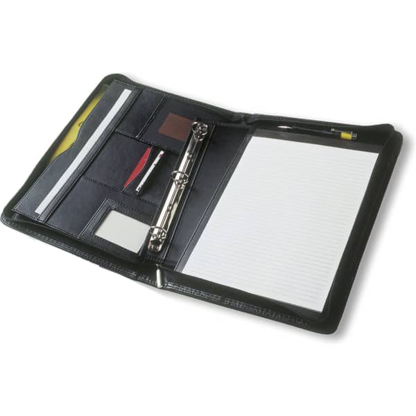 A4 compendium in black leather with multiple pockets, a notepad, and a pen holder. Features a logo.