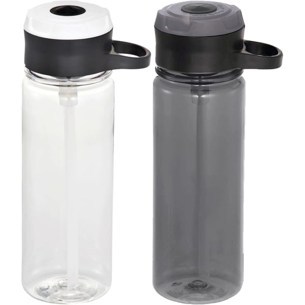 A drink bottle featuring a clear body with a black lid and a smoke grey version. Both have built-in straws and logos.