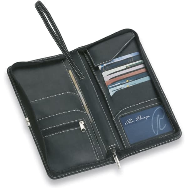A black Nappa Travel Wallet with multiple card slots and a zippered pocket, featuring a logo.
