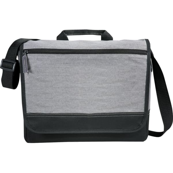 A grey tablet messenger bag featuring a front zip pocket and a black base, with an adjustable shoulder strap.