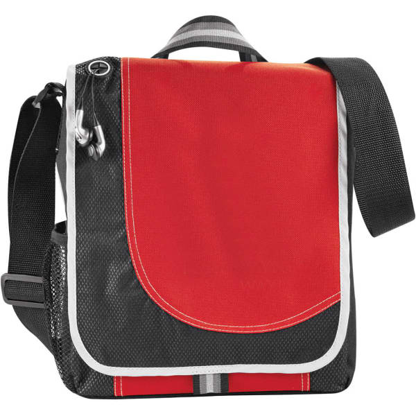 A black and red messenger bag with a flap, adjustable shoulder strap, and a logo on the front.