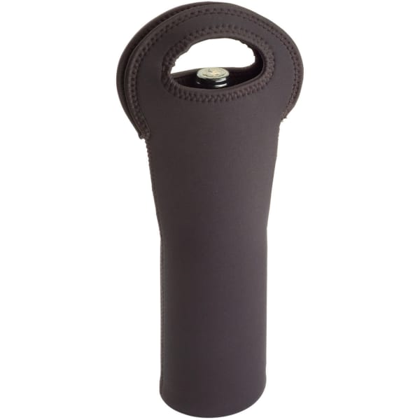 A drink bottle carrier in black neoprene, featuring a handle and a snug design for secure bottle transport.