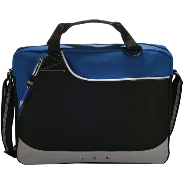 A laptop bag featuring a blue and black design with grey accents, equipped with a shoulder strap and handles.