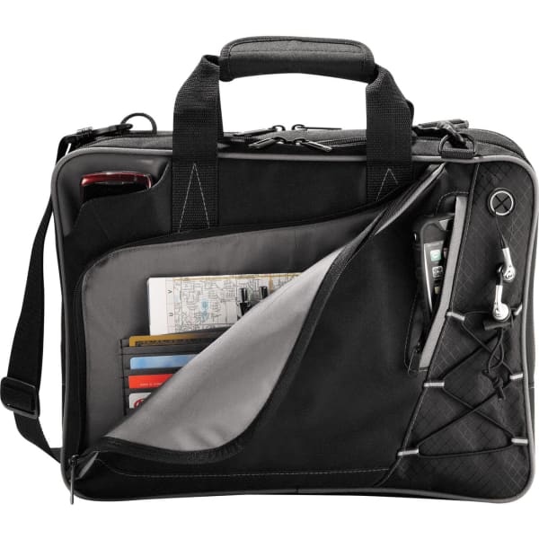 A black checkpoint-friendly laptop bag featuring multiple compartments for storage and a pocket for accessories.