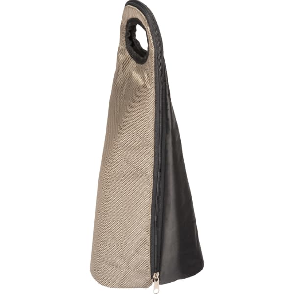 A drink bottle carrier with a sleek, two-tone design in black and metallic gold, featuring a zip and a handle.