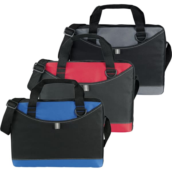 Three Crayon Conference Bags in black with red, blue, and grey accents, featuring adjustable straps and handles.