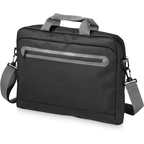 A black laptop bag with grey accents, featuring a front zip pocket and adjustable shoulder strap.