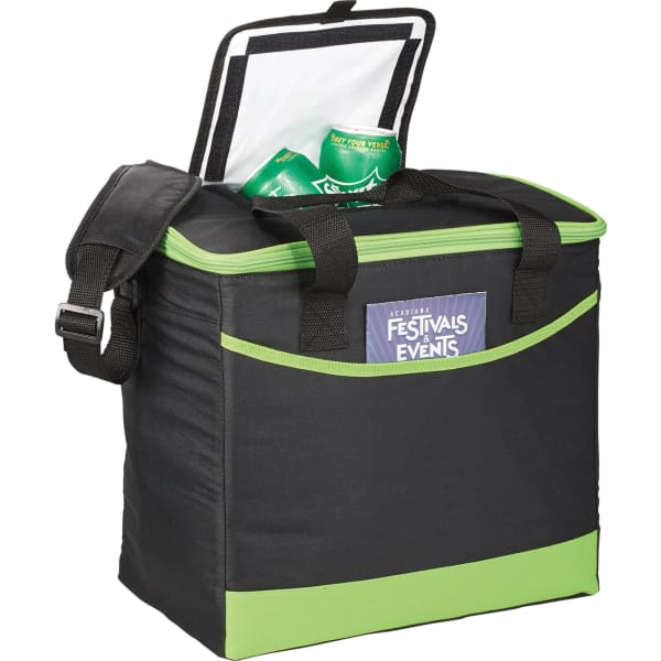 A cooler bag in black with green accents, featuring a zippered lid and shoulder strap, along with a front pocket.